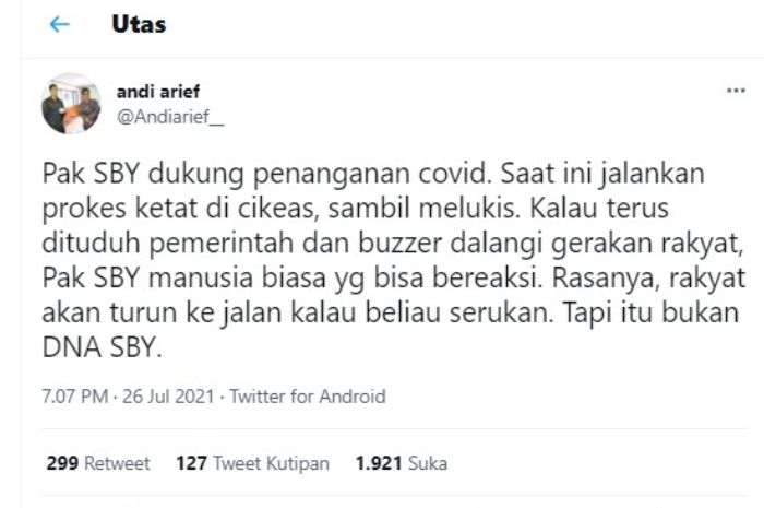 Andi Arief menyebut jika SBY kerap dituduh pemerintah dan buzzer sebagai dalang adanya gerakan rakyat yang terjadi.
