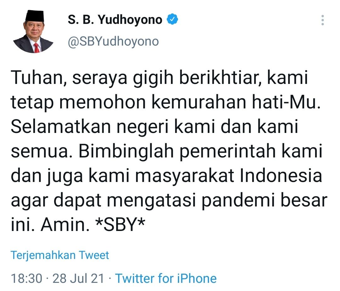 Tangkapan layar cuitan SBY yang panjatkan doa untuk Indonesia./
