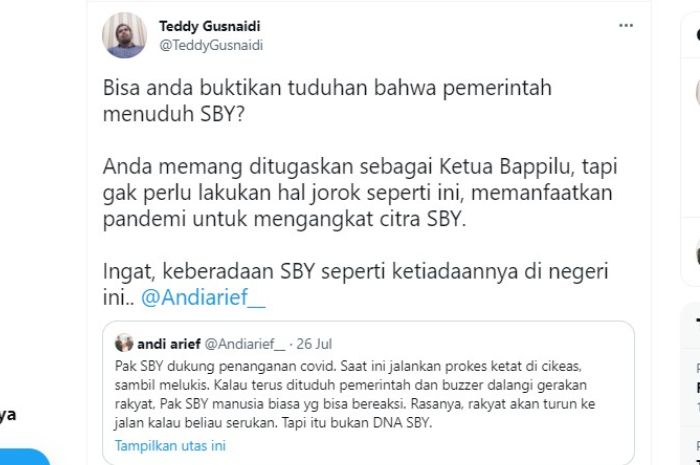 Tanggapan Teddy Gusnaidi yang meminta bukti pada Andi Arief yang telah menuduh bahwa SBY dituduh pemerintah jadi dalang gerakan rakyat.