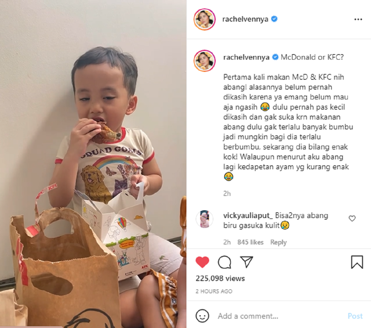 Lucunya Reaksi Xabiru, Anak Rachel Vennya yang Baru Pertama Kali Mencoba KFC dan McDonald/Instagram @rachelvennya