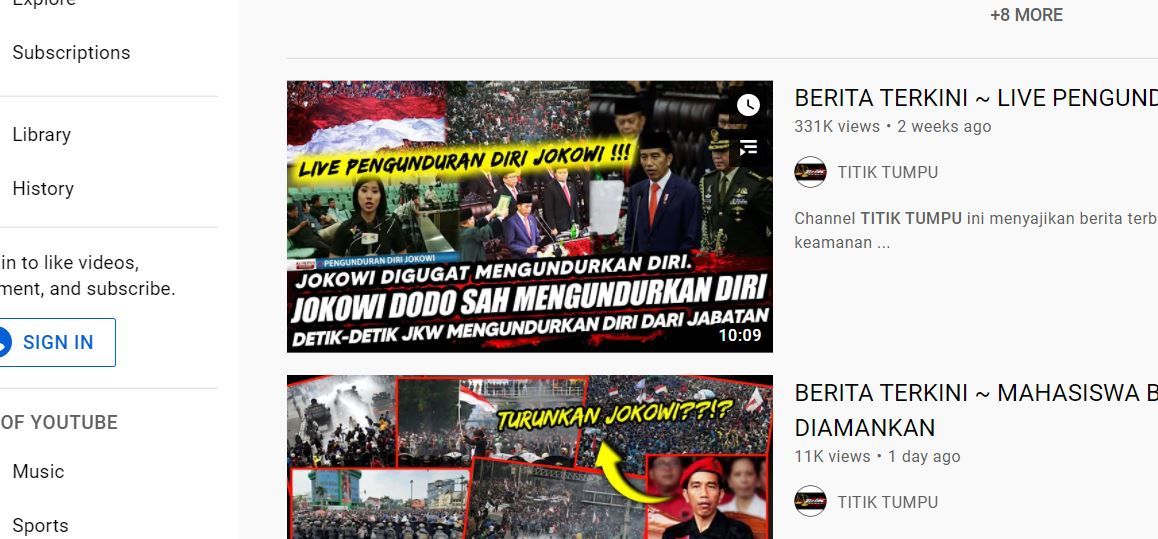 HOAKS: Dalam narasi thumbnail tersebut tertulis jika Jokowi mengundurkan diri.   "Jokowi digugat mengundurkan diri. Joko Widodo sah mengundurkan diri. Detik-detik JKW mengundurkan diri dari jabatan."