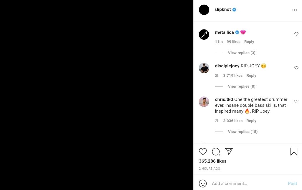 Slipknot unggah foto hitam di media sosial, para fans ucapkan duka untuk Joey Jordison