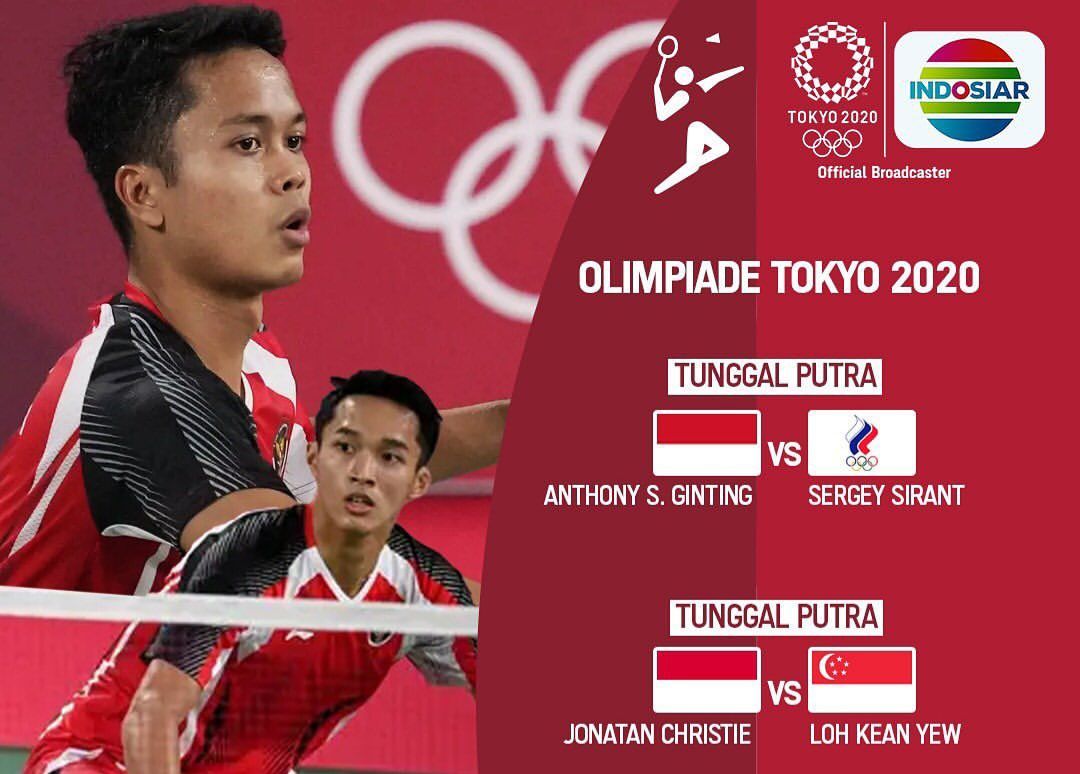 Live streaming Anthony Sinisuka Ginting dan Jonatan Christie di Olimpiade Tokyo 2020 cabang olahraga badminton sore hari ini. 