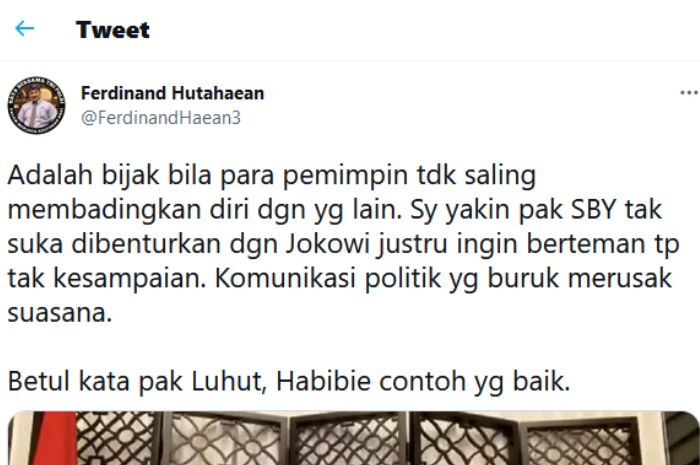Ferdinand Hutahaean sepakat dengan pesan Luhut untuk SBY agar mencontoh Habibie karena memang contoh yang baik.
