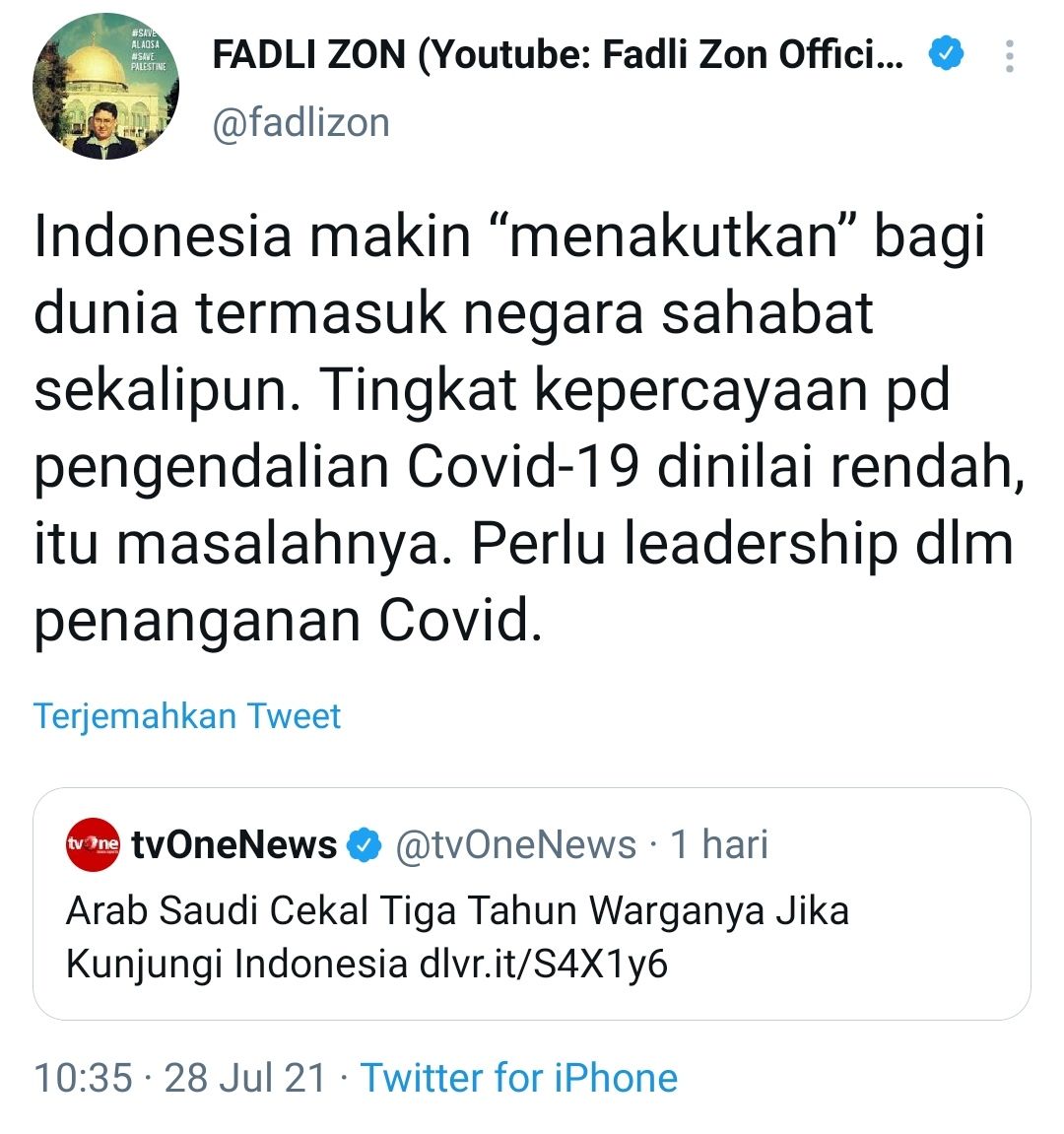Tangkapan layar cuitan Fadli Zon soal larangan warga Arab Saudi ke Indonesia./