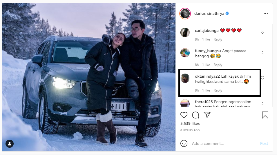 Kemesraan Darius Sinathrya dan Donna Agnesia yang terlihat dalam foto, mengundang komentar netizen dan menyebutnya mirip Film Twilight