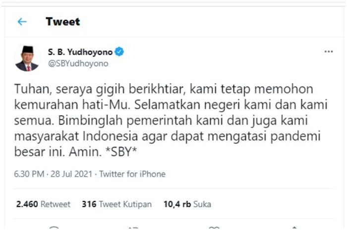 Cuitan doa SBY untuk pemerintah dan masyarakat Indonesia agar dibimbing dalam mengatasi Covid-19.