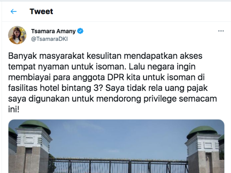 Tsamara Amany menyoroti fasilitas Isoman DPR di Hotel berbintang.