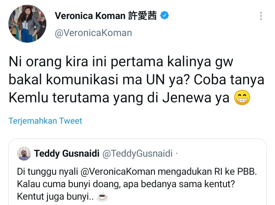 Veronica Koman dan Teddy Gusnaidi tampak saling berbalas cuitan terkait tindak kekerasan dua oknum TNI AU kepada pria disabilitas di Merauke, Papua.