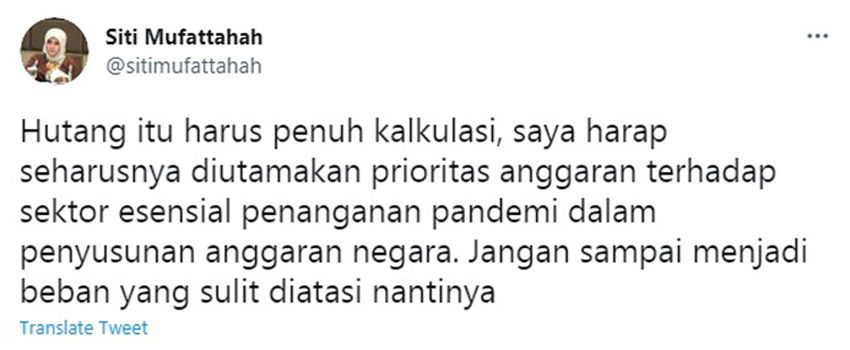 Siti Mufattahah Ingatkan Pemerintah Terkait Bahaya Laten Hutang Negara yang Tidak Terkalkulasi dengan Baik