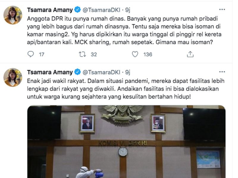 Ketua DPP PSI Tsamara Amany menyebut seharusnya anggaran untuk fasilitas isoman di hotel anggota DPR lebih baik dialokasikan untuk membantu warga kurang sejahtera.