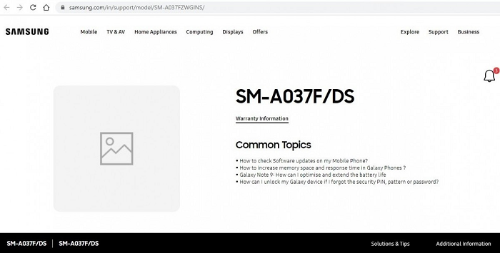 Halaman dukungan untuk Samsung Galaxy A03s.