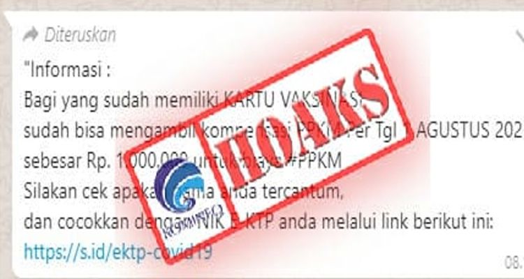Tangkapan layar hoaks pemegang kartu vaksinasi Covid-19 akan dapat bantuan atau kompensasi Rp1 juta dari pemerintah/