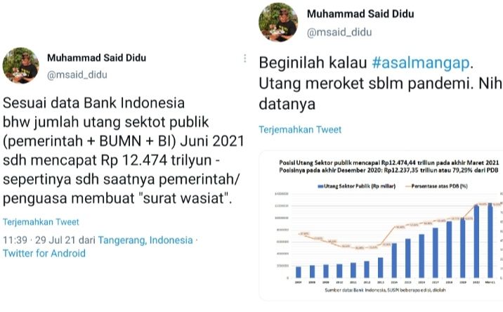 Tangkapan layar cuitan Said Didu soal utang Indonesia./