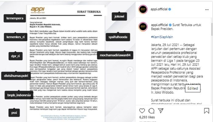 APPI menuliskan surat terbuka untuk Presiden Jokowi yang berisi kegelisahan dan berharap kompetisi sepakbola digelar kembali.*