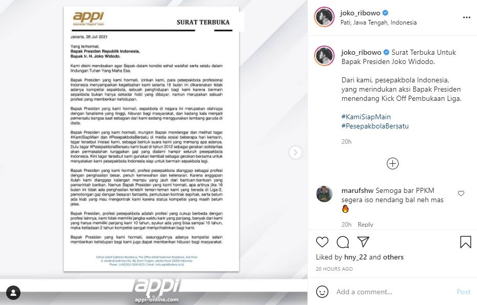 Pemain PSIS Joko Ribowo Teken Surat Terbuka ke Presiden Jokowi, Hari Nur dan Fredyan Wahyu Unggah Status
