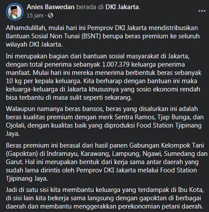 Anies Baswedan Konfirmasi Telah Membagikan Beras Premium untuk Warga DKI Jakarta Tidak Mampu