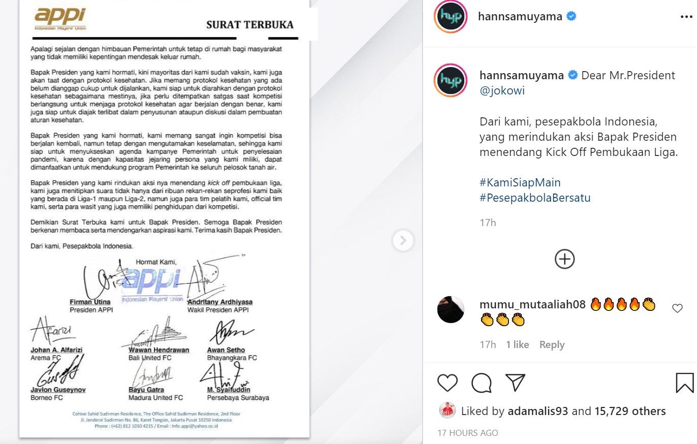 Asosiasi Pemain Profesional Indonesia (APPI) mengirimkan surat terbuka untuk Presiden Joko Widodo (Jokowi), meminta agar kompetisi sepak bola di Tanah Air bisa segera bergulir.