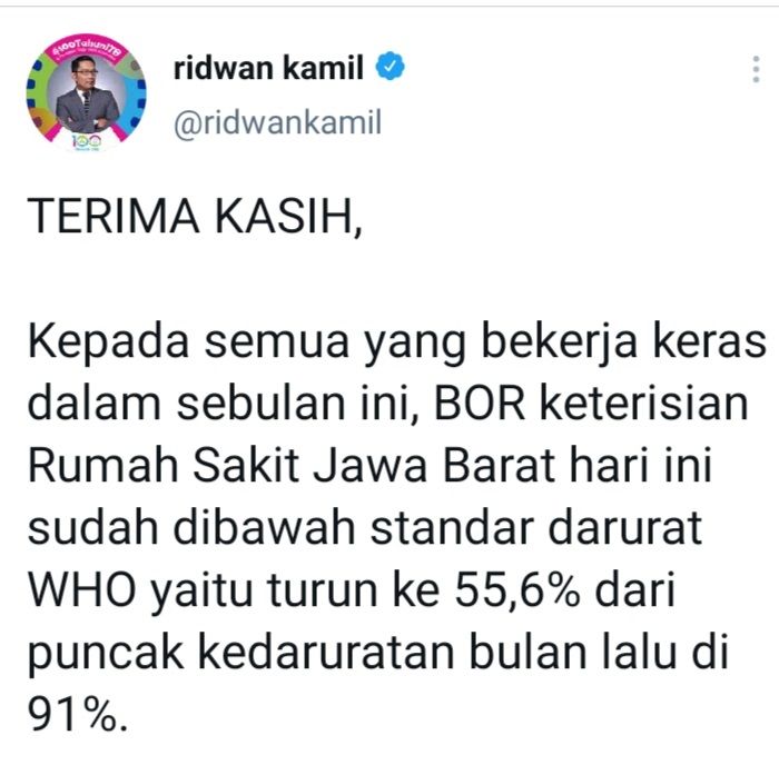 Cuitan Gubernur Jawa Barat Ridwan Kamil soal ketersediaan BOR di RS Jabar.
