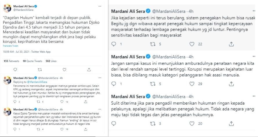 Cuitan Mardani Ali Sera mengemukakan pendapatnya soal penegakan hukum di Indonesia.