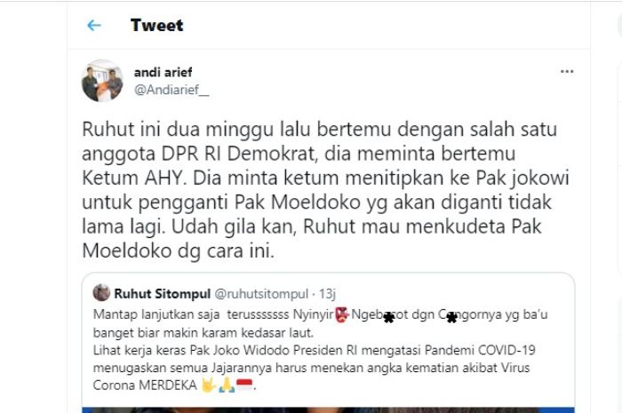 Cuitan Andi Arief yang bongkar niat Ruhut Sitompul akan kudet Moeldoko sebagai balasan karena disebut penyebab Partai Demokrat karam.