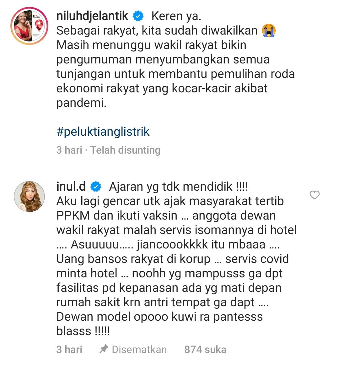 Tangkapan layar komentar Inul Daratista di laman Instagram Niluh Djelantik./