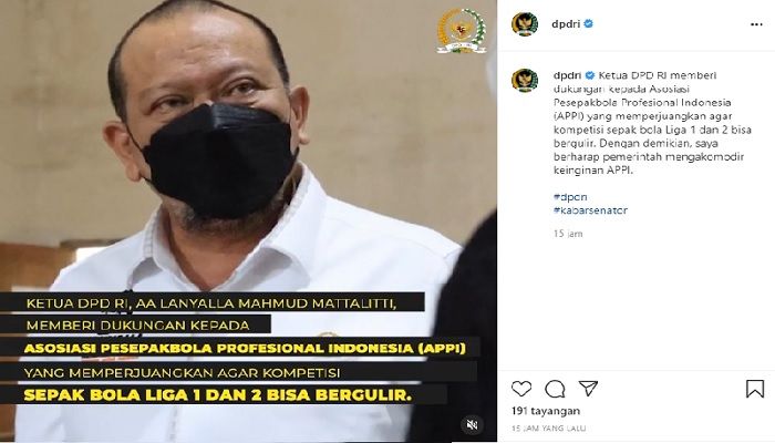 LaNyalla Mattalitti menyampaikan dukungan terhadap perjuangan APPI agar  kompetisi Liga 1 dan 2 Indonesia segera bergulir kembali.*