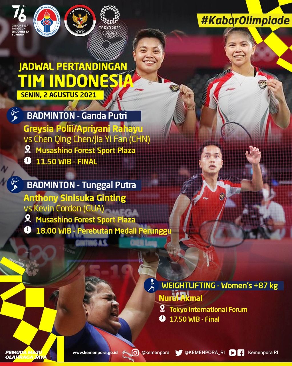 Jadwal pertandingan atlet Indonesia di Olimpiade Tokyo 2020.