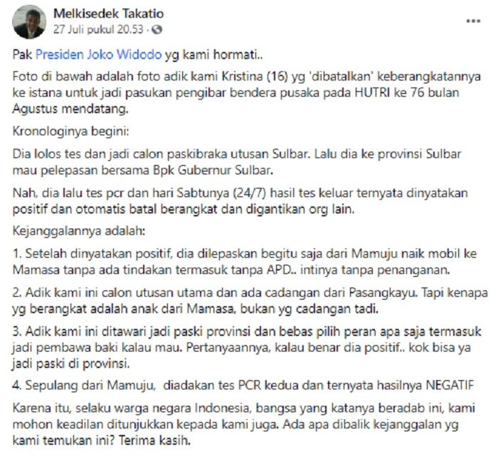 Surat terbuka dari keluarga calon Paskibraka Sulawesi Barat yang gagal berangkat ke Jakarta.