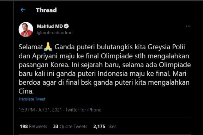 Cuitan Mahfud MD di akun twitter pribadinya, Sabtu 31 Juli 2021 kemarin.