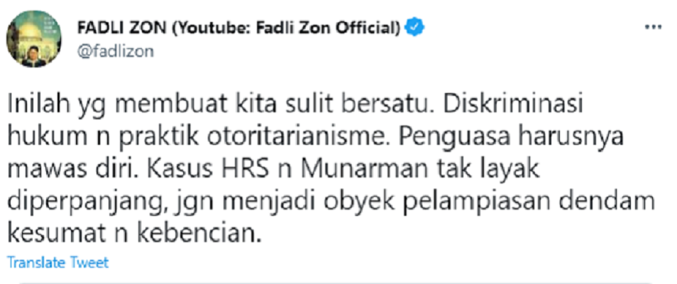 Fadli Zon menanggapi perihal kuasa hukum Munarman yang sulit menemui klien saat PPKM.