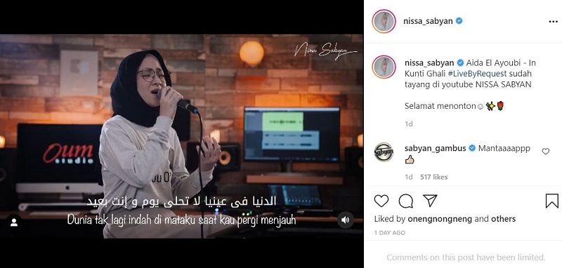 Nissa Sabyan mengunggah aktivitasnya sebagai penyanyi religi, fans dan netizen langsung memenuhi kolom komentar akun @nissa_sabyan.