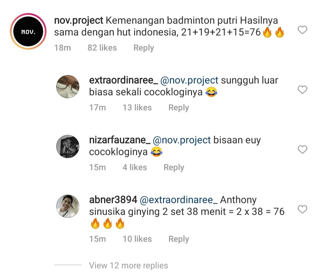 Komentar netizen yang melakukam cocoklogi atas kemenangan tim badminton Indonesia dalam Olimpiade Tokyo, di Instagram Gubernur Jawa Barat Ridwan Kamil. 