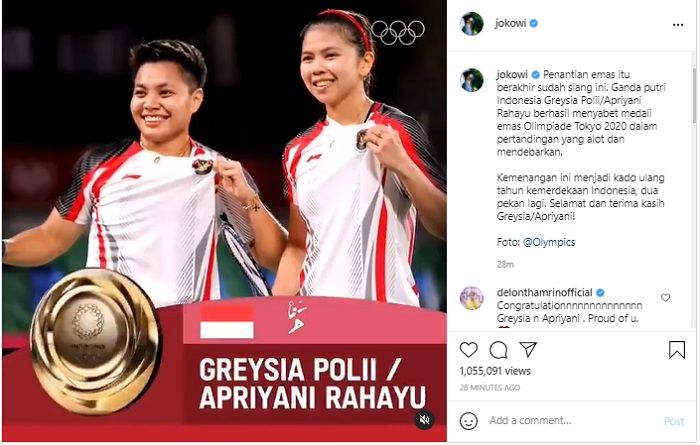 Presiden Jokowi mengucapkan selamat atas kemanangan Greysia Polii dan Apriyani Rahayu dalam final Olimpiade Tokyo 2020.*