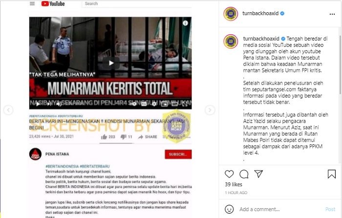 HOAKS - Beredar sebuah video yang menyebut jika mantan Seketraris Umum FPI, Munarman tengah dalam kondisi kritis total.*