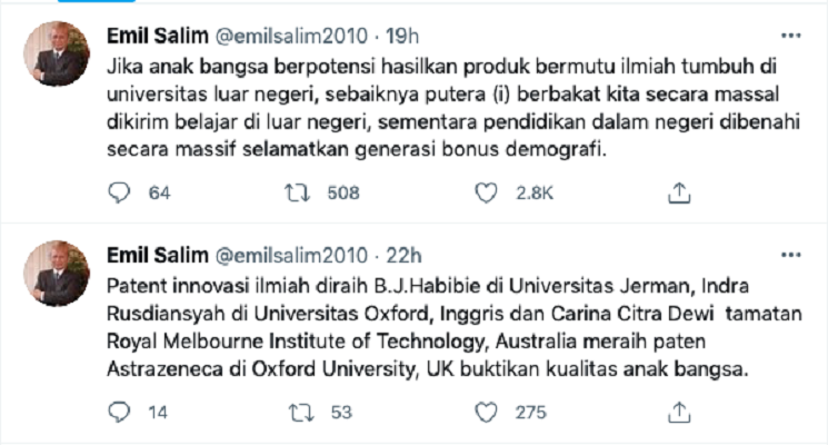 Mantan Menteri era Soeharto, Emil Salim sarankan Indonesia secara masif sekolahan anak bangsa terbaik di luar negeri.