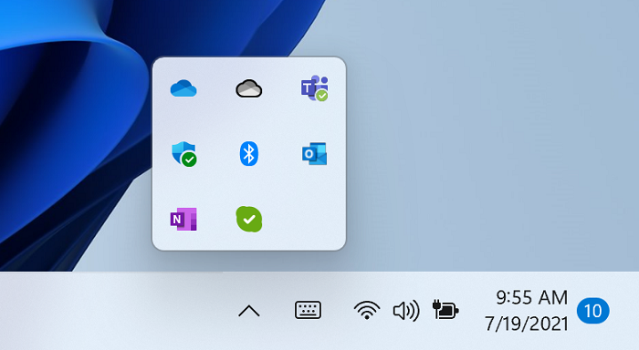 Flyout ikon tersembunyi di Taskbar telah diperbarui dengan visual Windows 11 yang baru.