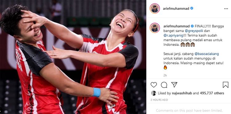 Arief Muhammad memberikan janjinya usai Greysia Polii dan Apriyani Rahayu menang dalam final ganda putri Olimpiade Tokyo 2020.*