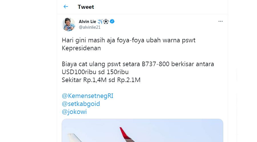 Alvin Lie Sebut Modifikasi Pesawat Presiden Indonesia Buang-buang Uang Saat Pandemi: Hari gini masih Foya-foya
