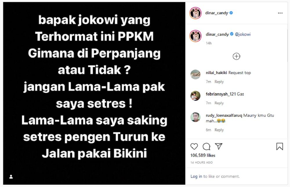 Dinar Candy Tanya Presiden Jokowi Soal Kepastian PPKM: Jangan Lama-lama Saya Stres!