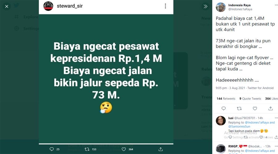 Netizen Bandingkan Dana Ngecat Pesawat Presiden dan Biaya Jalur Sepeda Anies Baswedan: Hadeehh