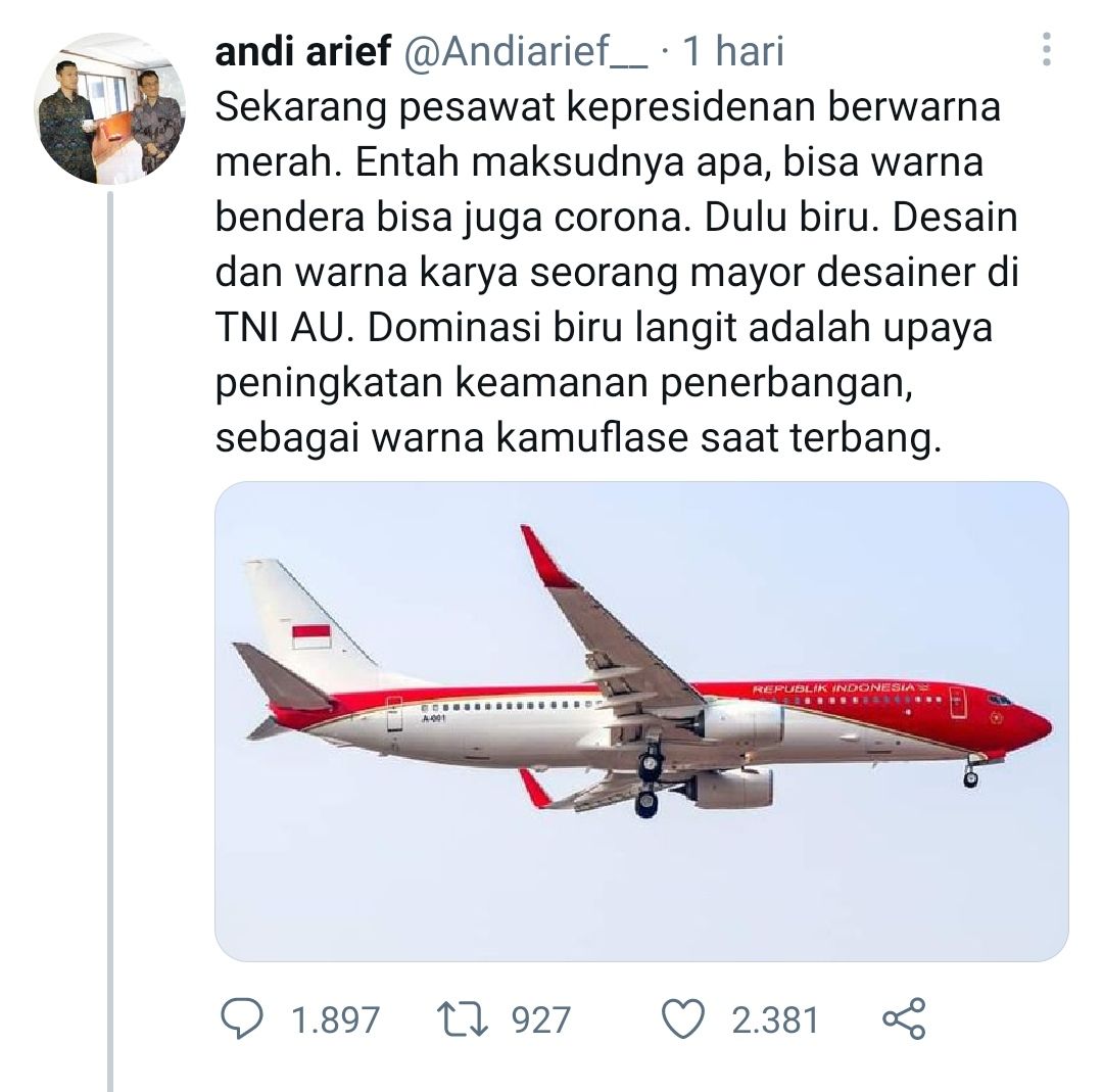 Tangkapan layar cuitan Andi Arief soal rencana pemerintah lakukan pengecatan ulang pesawat kepresidenan dari biru ke merah./
