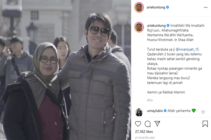 Unggahan Instagram Arie Untung yang mengucapkan turut berduka cita atas meninggalnya ibunda Irwansyah.
