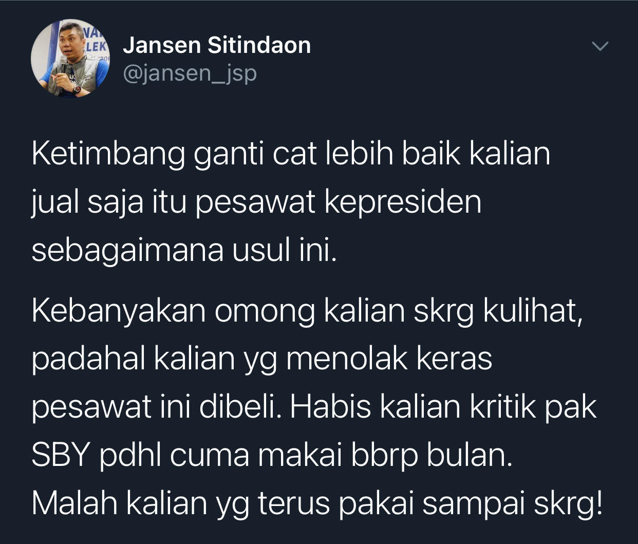 Tangkapan layar cuitan Jansen Sitindaon./Twitter/@jansen_jsp