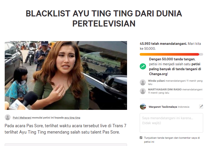 Petisi untuk Blacklist Ayu Ting Ting di acara televisi hampir mencapai 50.000 tanda tangan.