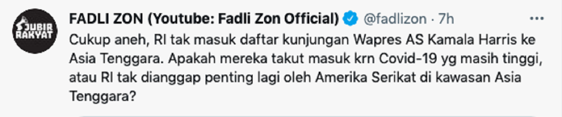 Fadli Zon menyoroti kabar tak masuknya Indonesia dalam kunjungan Wapres AS Kamala Harris.