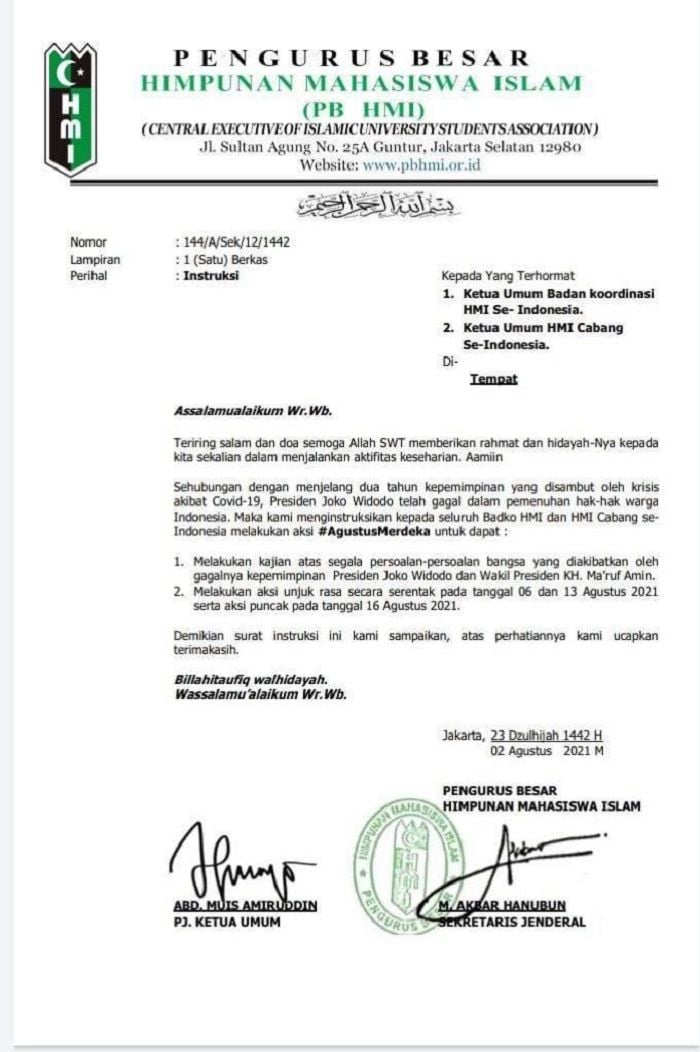 Surat Intruksi PB HMI Pj Abd Muis Amiruddin