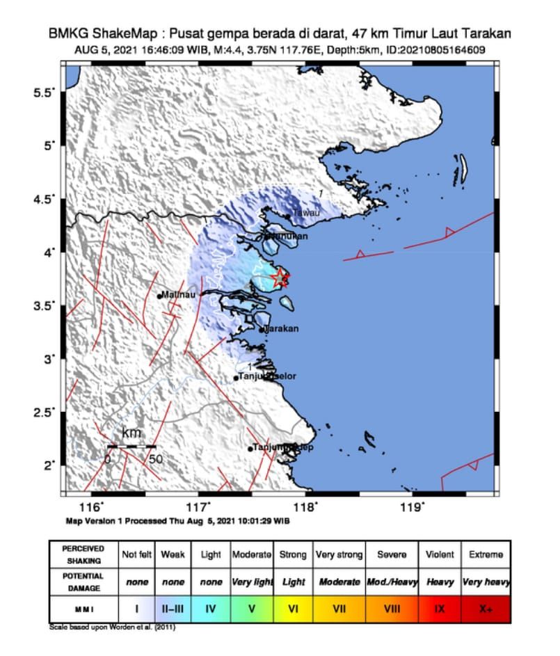 Gempa Bumi 4,4 Magnitudo, Guncang Laut Timur Tarakan Kalimantan Utara, Kamis 5 Agustus 2021