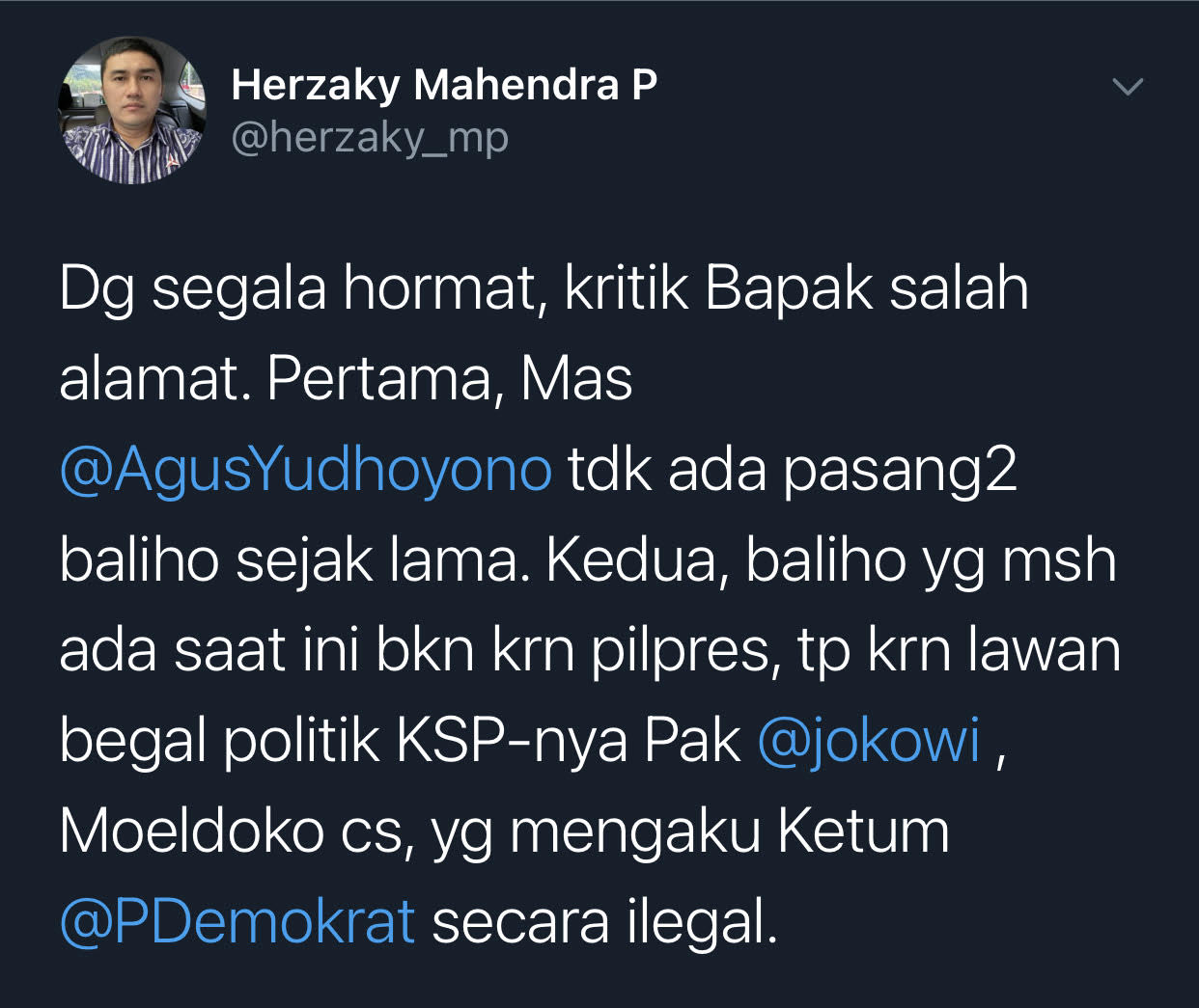 Cuitan politisi Partai Demokrat, Herzaky Mahendra Putra.