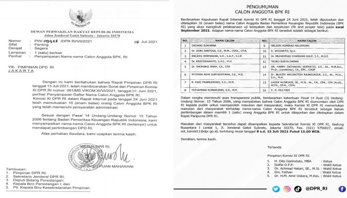 Surat Ketua DPR kepada Ketua DPD RI tentang 16 Nama Calon Pimpinan BPK.